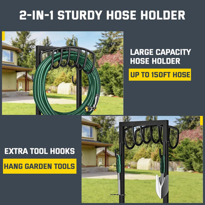 Kesfitt Garden Hose Holder Stand with Tool Storage Basket & 4 Spikes, Detachable Heavy Duty Metal Freestanding Outdoor Organizer for Lawn Yard Water Storage Rack
