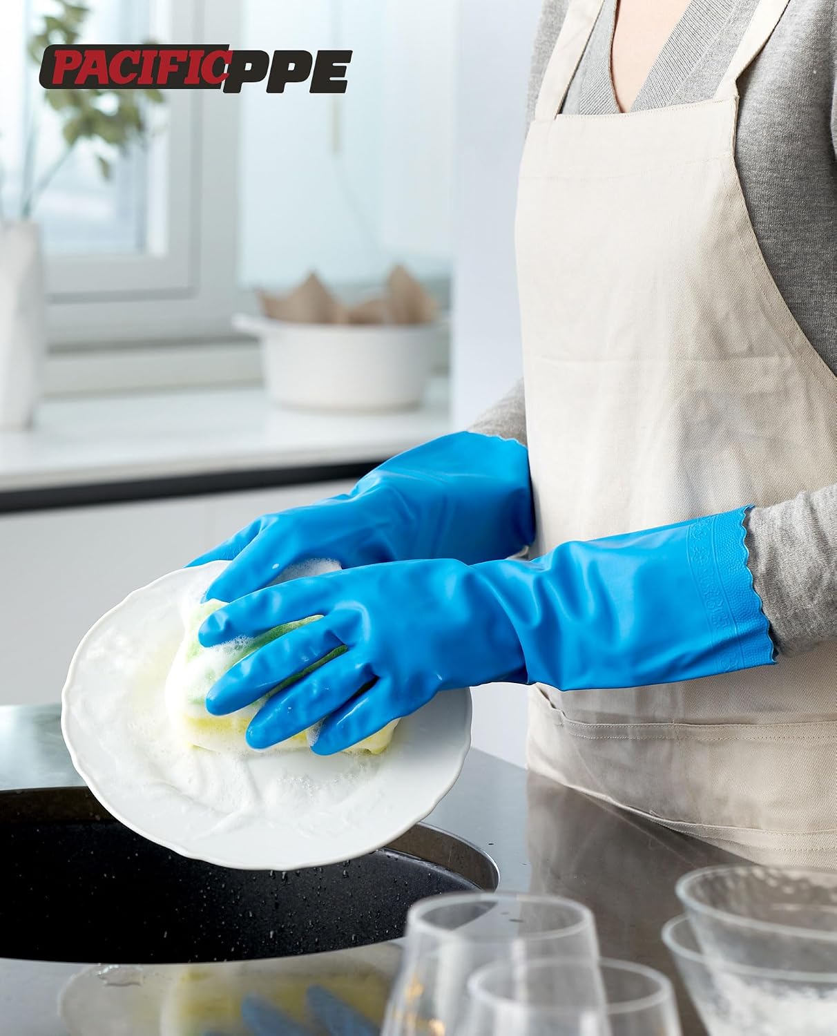 PACIFIC PPE 2 Pairs Reusable Dishwashing Cleaning Gloves with Latex Free, Cotton Lining, Kitchen Gloves, Blue, Medium