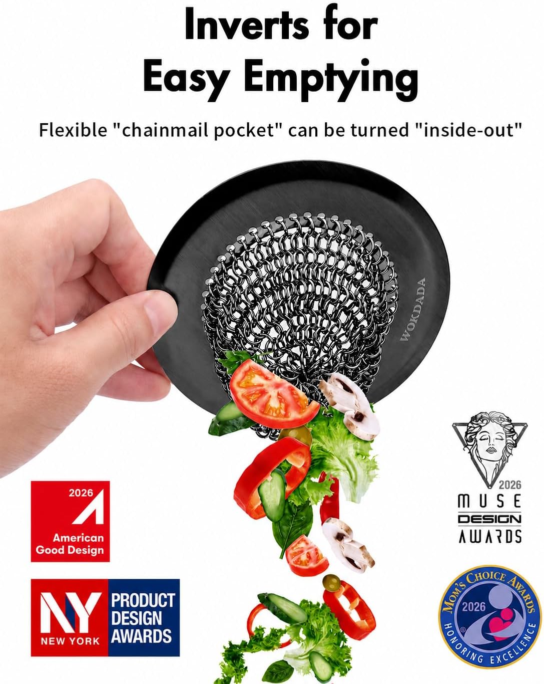 WOKDADA Upgraded Sink Drain Strainer, Patented Reversible Chain Mail Mesh | Anti-Slip Ring, Fast Drainage, Reversible Flip Clean, Rust-Proof, Universal 4.4-Inch, Large Capacity, Garbage Disposal Fit