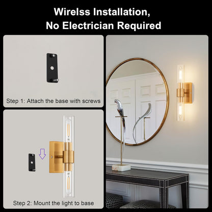 SANTOSTOCK Gold Battery Operated Wall Sconce Set of 2, 12000mAh Rechargeable Wall Lights with Remote Control, Wireless Dimmable Wall Lamps for Bedroom Living Room Bathroom Hallway Stairwell