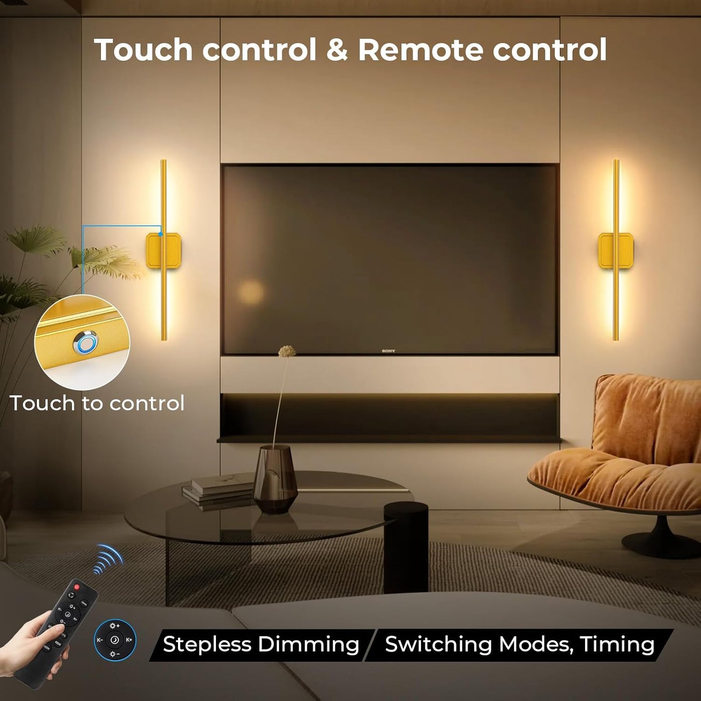 GvvooHome Battery Operated Wall Sconces Set of 2, Detachable 360°Rotate Wall Lamps, 3000-6500K Dimmable with Remote Control, 10000mAh Rechargeable Wall Light for Bedroom, Living Room, 28.3" Black Gold