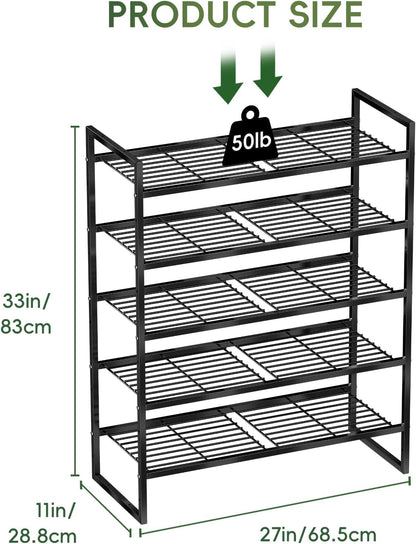 5-Tier Wide Shoe Rack, Metal Shoe Organizer for Closet, Stackable Freestanding Shoe Storage Shelf with Sturdy Wire Grid, Large Capacity Durable Shoe Rack for Entryway Bedroom, Black