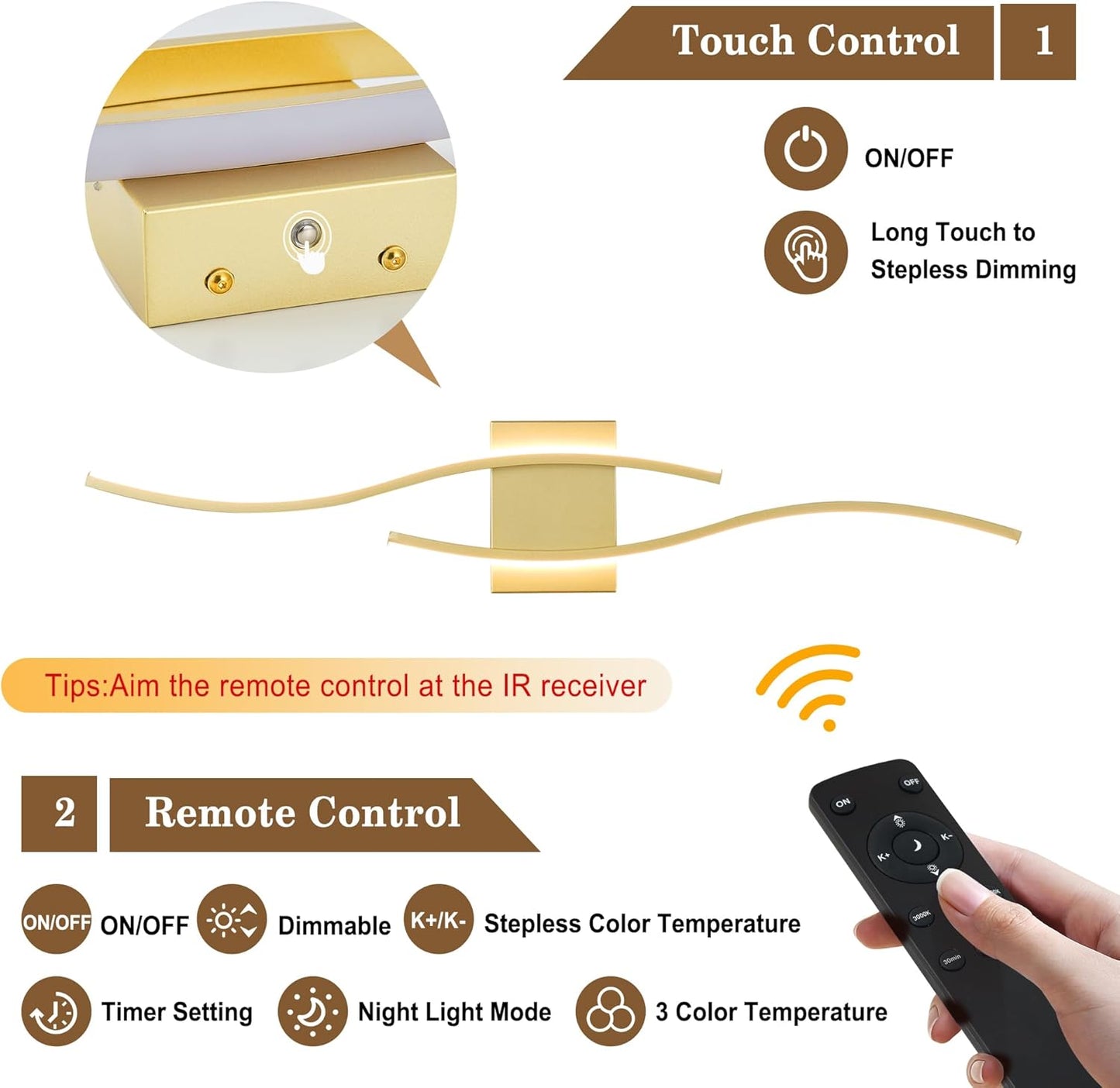KARTOOSH Battery Operated Wall Sconces Set of Two with Remote Control, Dimmable/3 Colors/Night-Light/Timer/Memory, Gold Modern Wireless LED Sconce for Living Room, Hallway, Bedroom, 27.5 Inch (2 Pack)