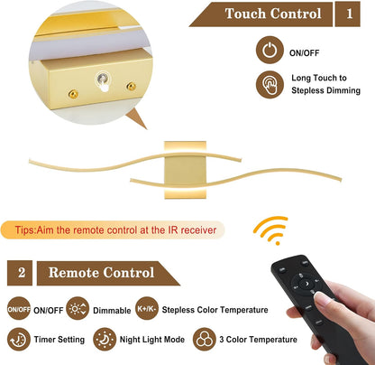 KARTOOSH Battery Operated Wall Sconces Set of Two with Remote Control, Dimmable/3 Colors/Night-Light/Timer/Memory, Gold Modern Wireless LED Sconce for Living Room, Hallway, Bedroom, 27.5 Inch (2 Pack)