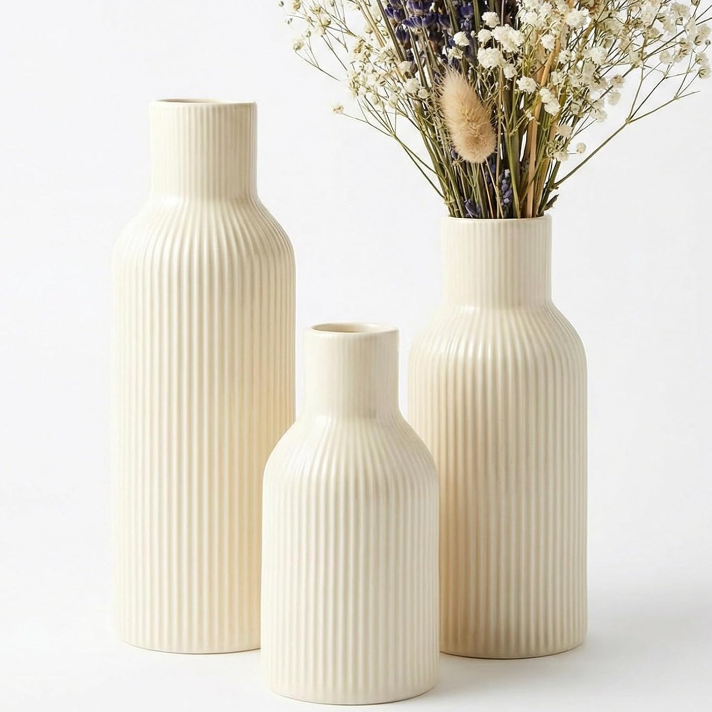 White Ceramic Flower Vases Set of 3, Modern Matte Vertical Ribbed, Nordic Minimalist Decor for Pampas, Dried & Fresh Flowers, Centerpiece for Living Room, Shelf, Entryway, Wedding,Office
