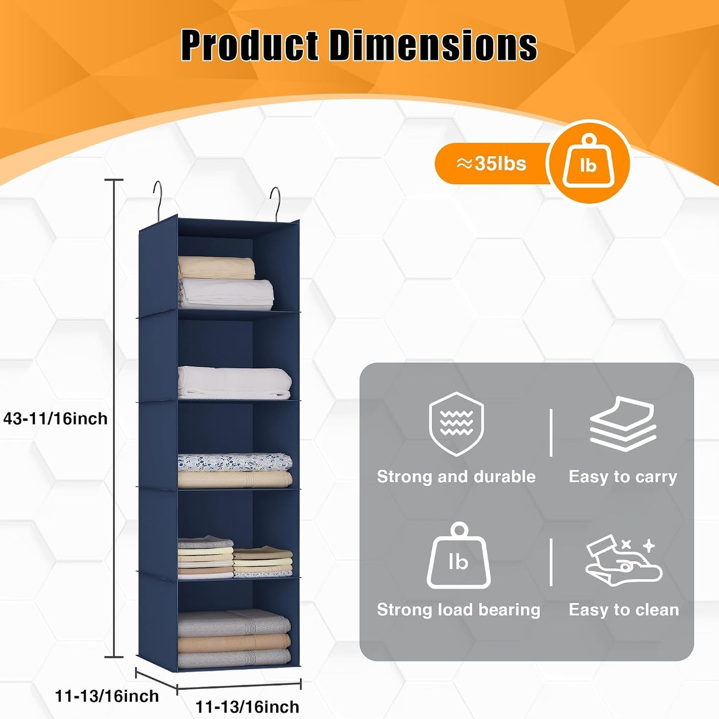 Hanging Closet Organizer 3-Shelf, Oxford Fabric Wardrobe Storage, Gray | Easy-mount foldable design holds clothes, handbags, shoes & accessories; washable Oxford fabric, sturdy and space-saving.