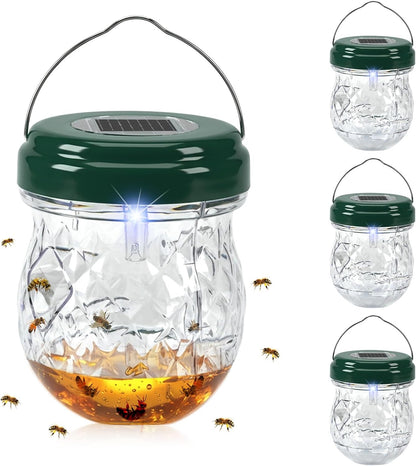 2026 Solar Wasp Traps Outdoor Hanging 4 Pack - Reusable Yellow Jacket Trap & Bee Catcher with LED Light, IP65 Waterproof Hornet & Fly Deterrent for Patio, Porch, Backyard Defense