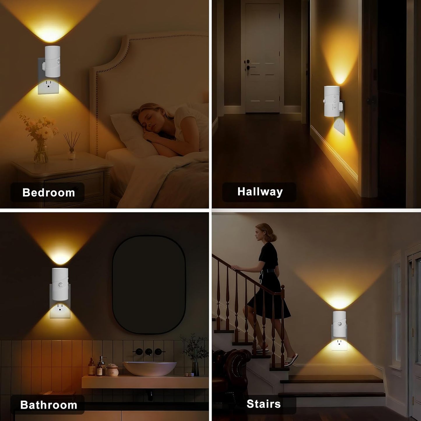 easuntec Motion Sensor Night Light, Night Lights Plug into Wall, Motion Sensor & Dusk to Dawn Sensor, 3 Light Modes, Dimmable Night Light for Bedroom Bathroom Hallway Stair (Black, 2 Pack)