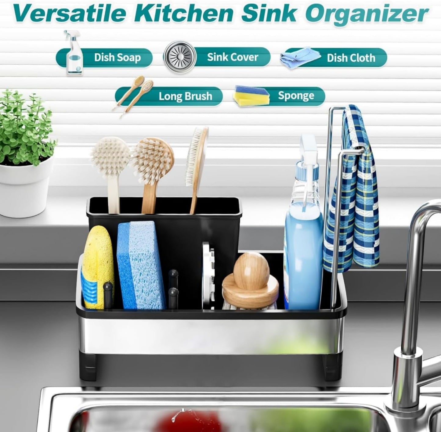 Sink Caddy Organizer, Kitchen Sponge Holder for Sink with Quick Drain Tray & Detachable Towel Rack, Sturdy Rustproof Kitchen Countertop Organizer for Sponge Soap Dispenser (White)