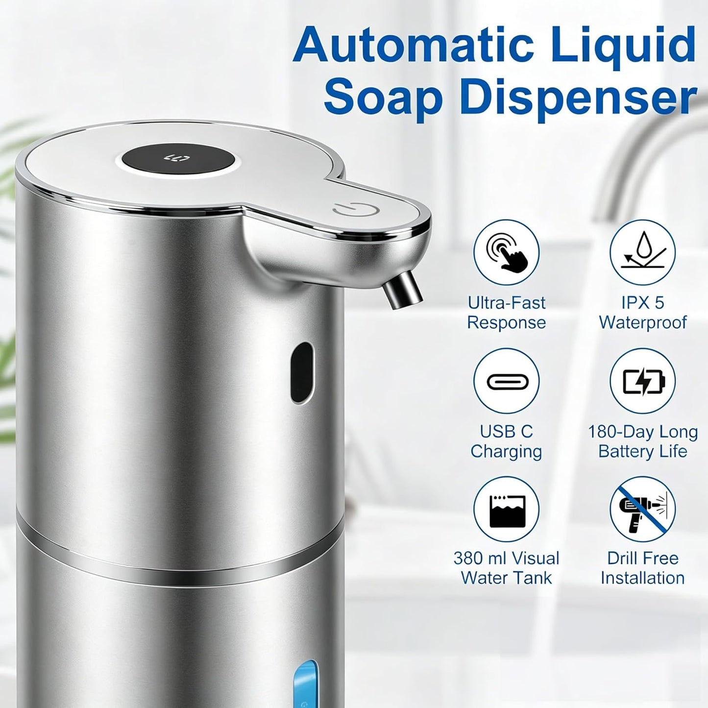 Automatic Soap Dispenser, Hand Soap Dispenser 12.8oz/380ml Smart Rechargeable, Liquid Touchless Soap Dispensers with 6-Level, Wall Mounted or Countertop Dish Soap Dispensing for Bathroom & Kitchen