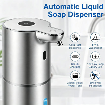 Automatic Soap Dispenser, Hand Soap Dispenser 12.8oz/380ml Smart Rechargeable, Liquid Touchless Soap Dispensers with 6-Level, Wall Mounted or Countertop Dish Soap Dispensing for Bathroom & Kitchen