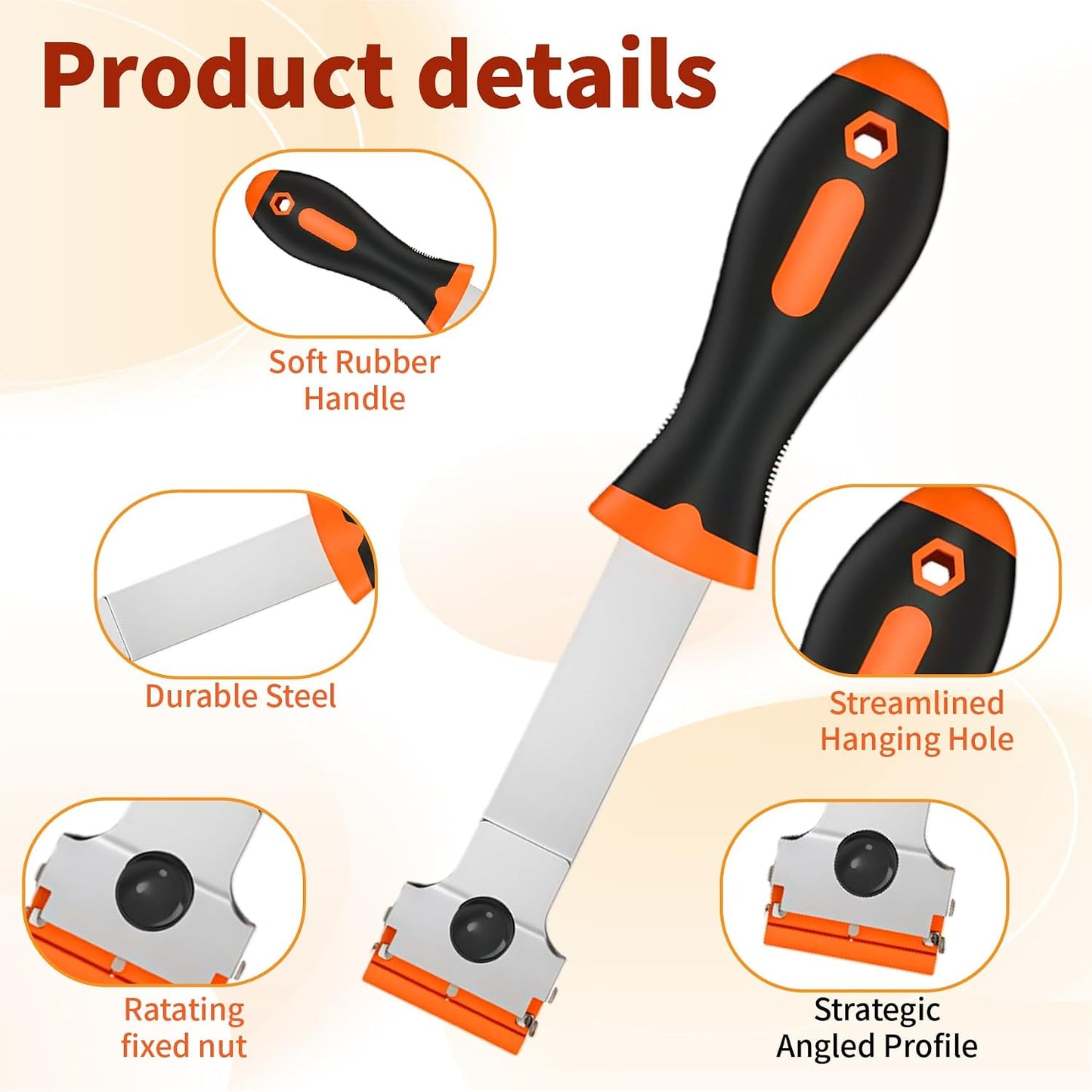 Razor Blade Scraper Tool -4 Pack Cleaning scrapper with 10 Metal & 10 Plastic Razor Blades Multi-Purpose Glass Scraper for Windows, Sticker, Decals, Cooktop, Paint Removal,Stovetop(Orange)