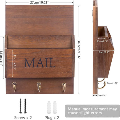 DLQuarts Mail Organizer with Key Holder for Wall, Mail Sorter Wall Mounted, Decorative Wooden Key and Mail Holder with 3 Hooks, Black