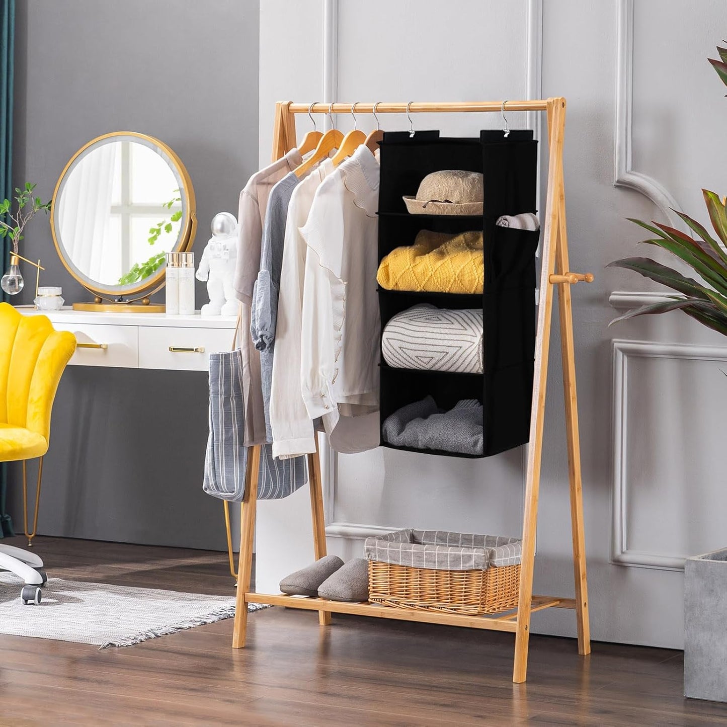 YOUDENOVA Hanging Closet Organizer, 4-Shelf Closet Hanging Storage Shelves, Grey
