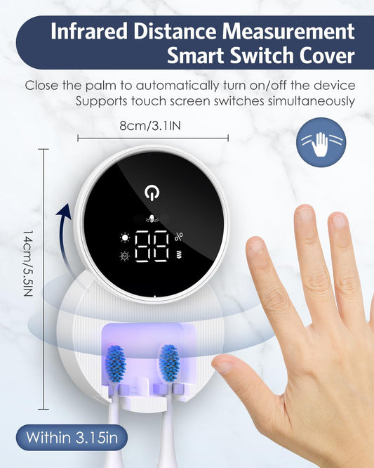 Upgraded UV Toothbrush Sanitizer Holder with Infrared Sensor & Heat Drying, Temracha Wall-Mounted Toothbrush Holder for the Bathroom, LED Smart Display, Fits Toothbrushes & Razor, Portable for Travel