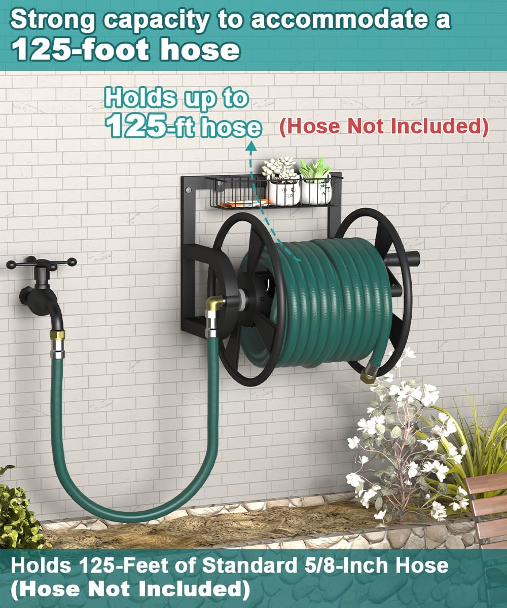 Artigarden Garden Wall Mounted Hose Reel, Outdoor Heavy-Duty Water Hose Holder Winder, Holds 125 Feet of 5/8-Inch Hose, with 3.9 ft Leader Hose, Water Fitting and Storage Basket for Yard, Black