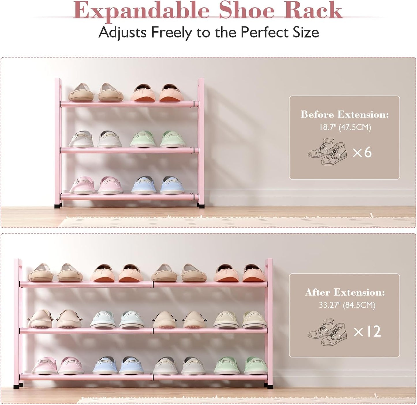 Bumusty 3-Tier Expandable Shoe Rack for Closet, 18“-33” Adjustable Shoe Rack for Small Space, Small Shoe Organizer for Front Door, Sturdy Metal, Black
