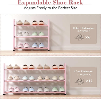 Bumusty 3-Tier Expandable Shoe Rack for Closet, 18“-33” Adjustable Shoe Rack for Small Space, Small Shoe Organizer for Front Door, Sturdy Metal, Black