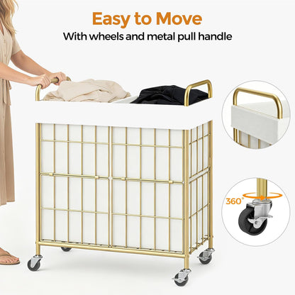 2 Section Laundry Hamper with Wheels and Brake, 100L Laundry Sorter Cart with 2 Removable Liner Bags, Metal Handle, Rolling Laundry Basket for Bedroom Laundry Room