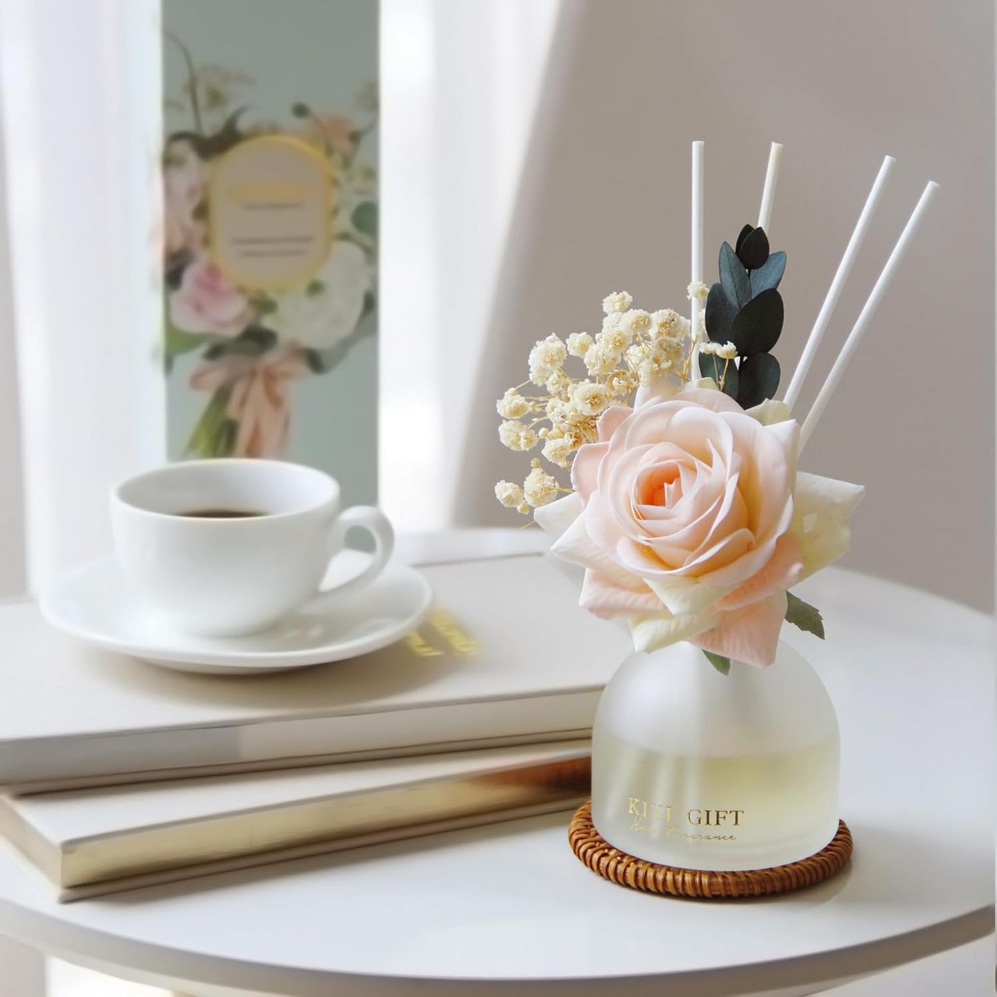 Reed Diffuser Set,4.06 oz Scent Flower Diffuser with 6 Sticks,Home Fragrance,Reed Diffuser for Bathroom Shelf Decor (Jasmine Rose)