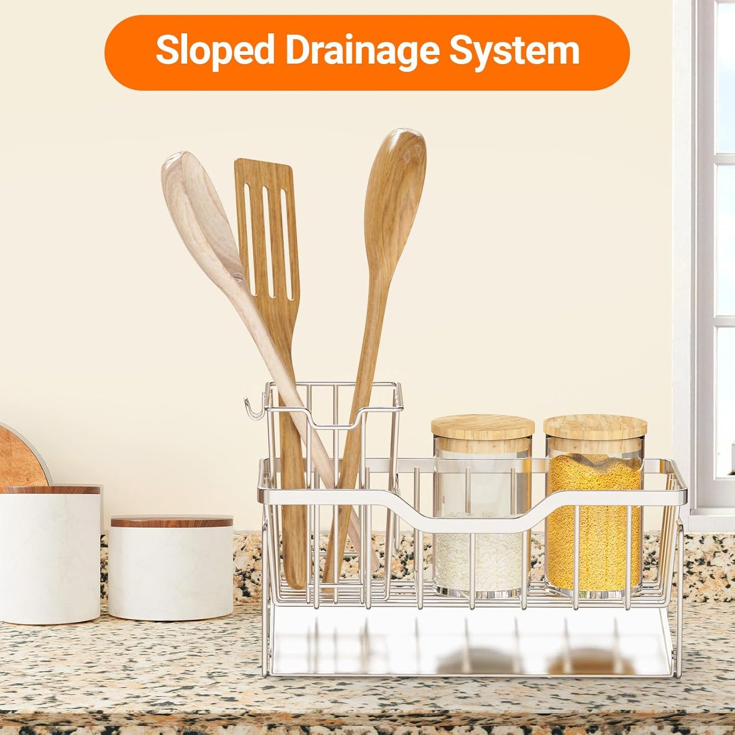 StorageRight Kitchen Sink Caddy Organizer, Rustproof Sponge Holder for Kitchen Sink, Instant Dry High Brush Holders with Drain Tray, Anti-Slip Storage Organization Essentials, Black