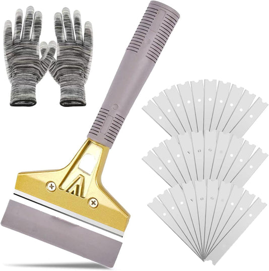 Razor Blade Scraper,Floor Scraper Tool with 20PCS Extra Blades,Paint Scraper Ideal for Cleaning Stove Top,Windows,Glass,Tiles,Wall,Labels.(4 in,Metal) | Heavy-duty,Reinforced aluminum alloy head with a steel shaft