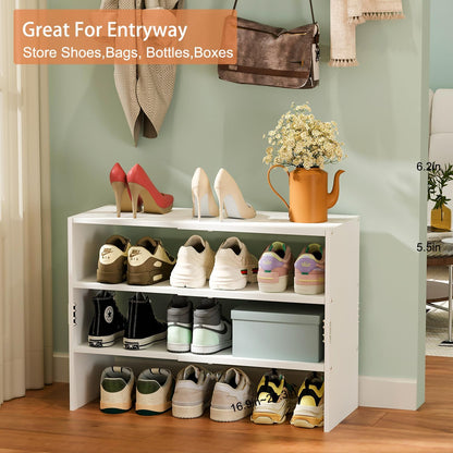 White Shoe Rack Organizer for Closet, 2-Tier Expandable Shoe Shelf, Stackable Iron Wood Combination Small Shoe Racks Shelves for Closets, Entryway,Small Space,Hallway,Bedroom,Bathroom,6-12 Pairs