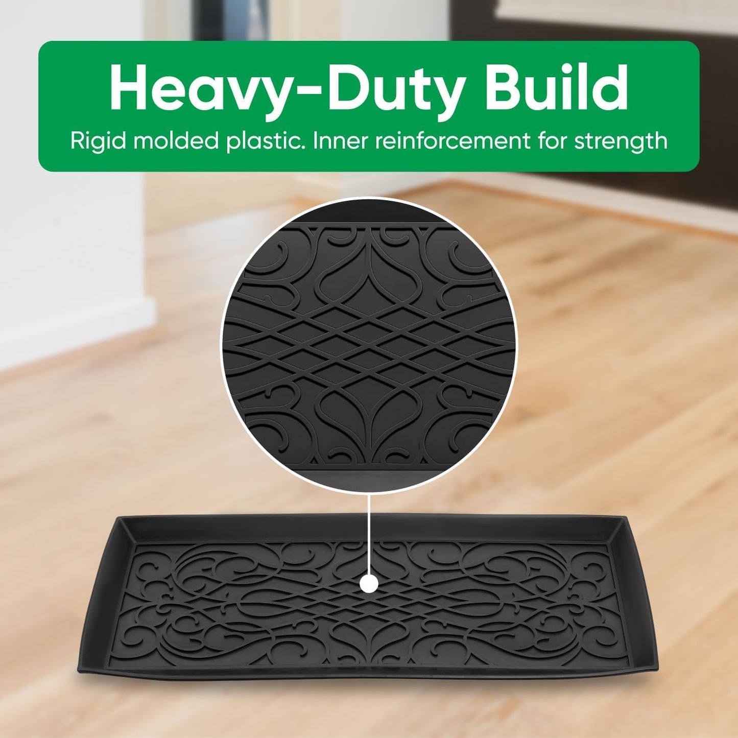 Superio Rubber Boot & Shoe Tray, 34 x 14 x 2 Rectangle, Heavy Duty, Protects Floors from Water and Dirt, Waterproof for All Weather Indoor Outdoor Use, Black (2)