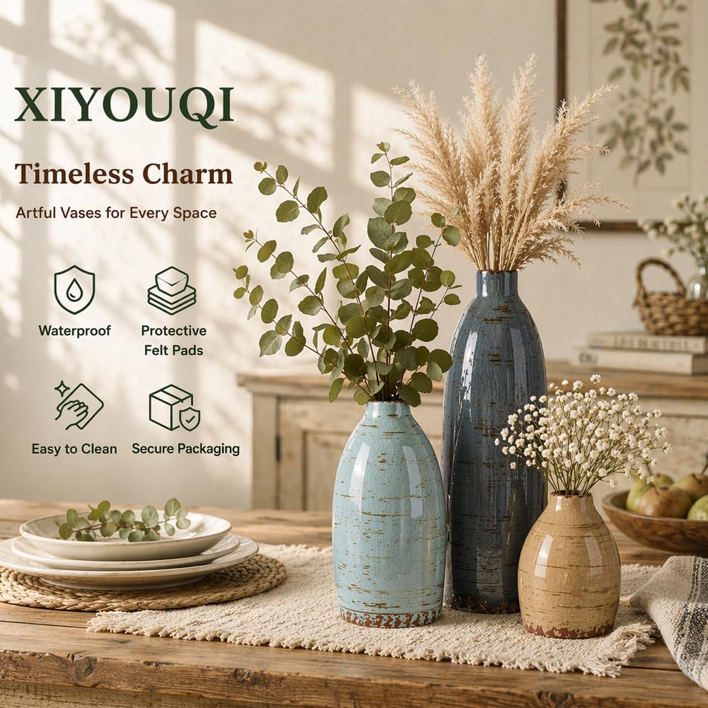 Ceramic Vase Set of 3, Neutral Vases Home Decor, Speckled White Distressed Pottery Rustic Farmhouse Decorative Vases, Small Vases for Table Mantel Entryway Bookshelf Living Room Kitchen Bedroom
