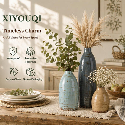 Ceramic Vase Set of 3, Neutral Vases Home Decor, Speckled White Distressed Pottery Rustic Farmhouse Decorative Vases, Small Vases for Table Mantel Entryway Bookshelf Living Room Kitchen Bedroom