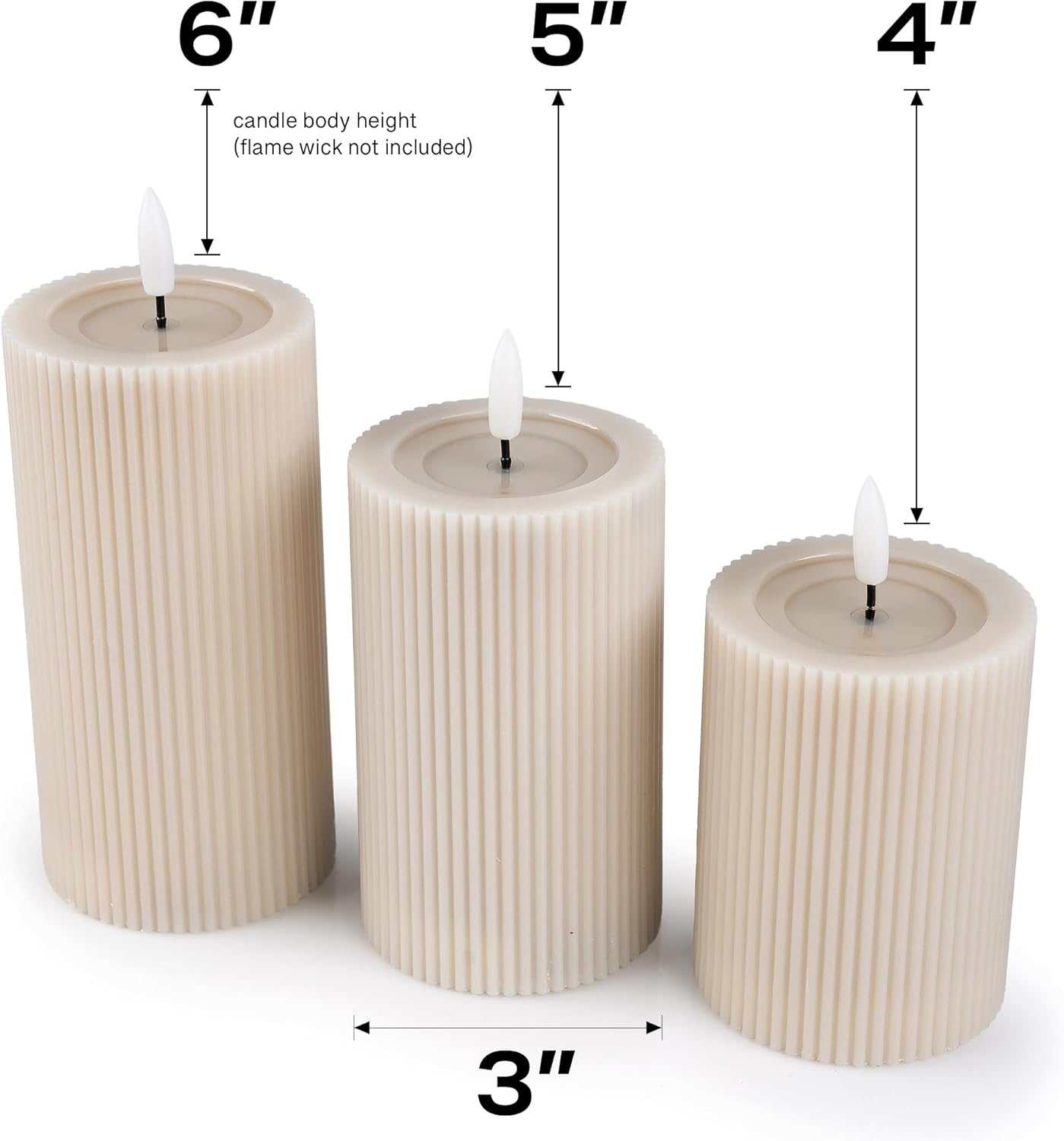 Fluted Ribbed LED Pillar Candles, Cream Beige, with Reflective Melted-Wax Effect – Flickering Flame, Remote, Dimmable, Flameless, Battery Operated, Home & Wedding Decor (Set of 3)