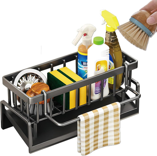 Kitchen Sink Caddy Organizer, Stainless Steel Sink Sponge Holder,45°Tilt Self-Drainage, Sponge Drain Rack with Dish Brush Holder,Removable Dishcloth Rack for Kitchen Storage Dispenser,Grey