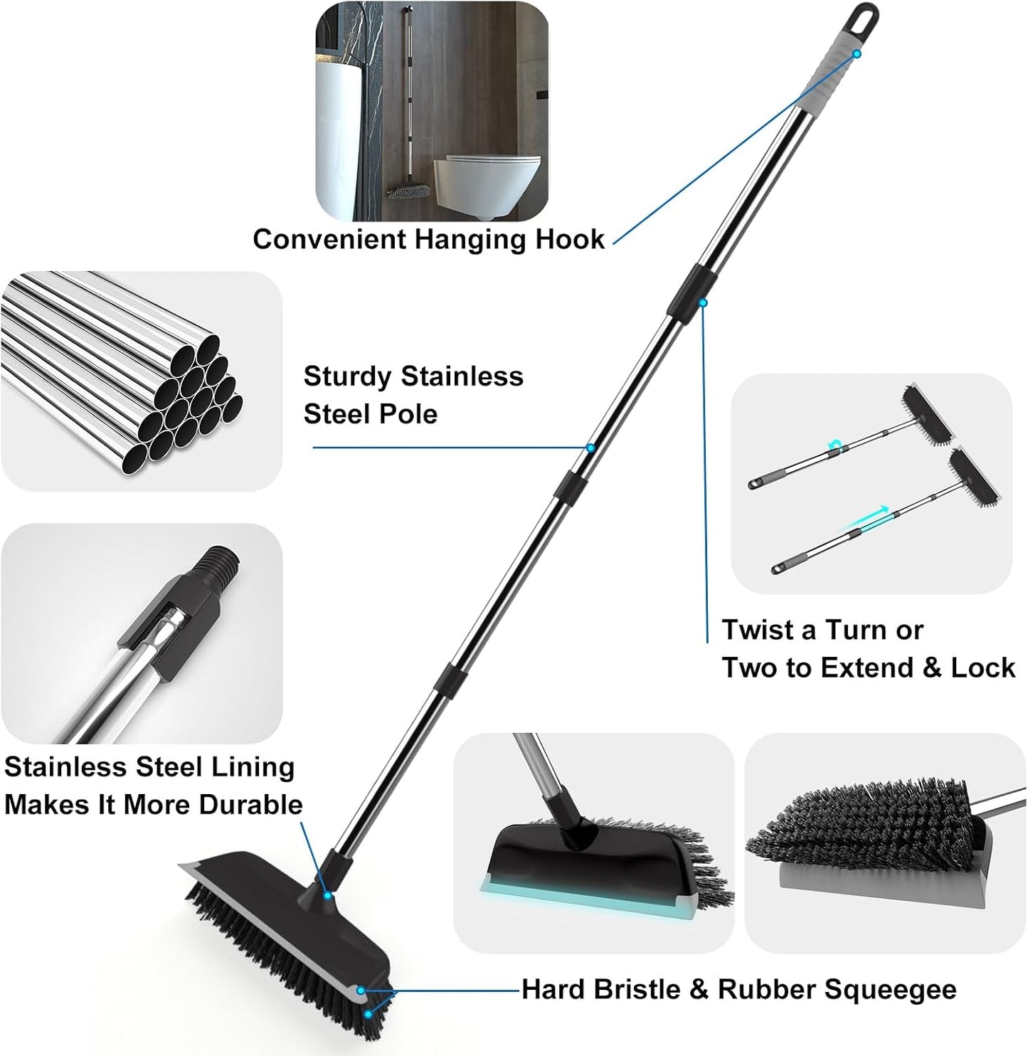 BITOPE Deck Scrub Brush with Long Handle, Heavy Duty Floor Cleaning Scrubber with Stiff Bristles Garage Concrete Cleaner Tool for Cleaning Tile Patio Outdoor Porch Indoor Kitchen Shower Bathroom
