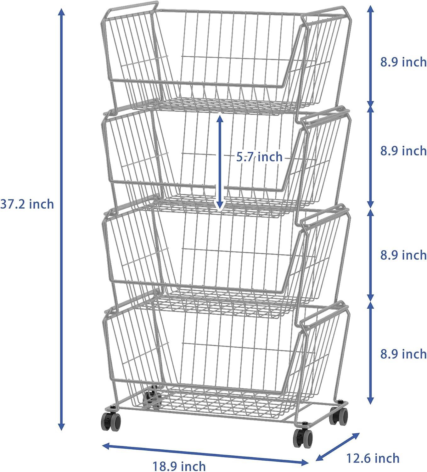 PUSDON 6-Tier Tall Stackable Wire Storage Baskets with Wheels, Vertical Metal Rolling Utility Cart, High Capacity Produce Basket for Kitchen Pantry, Snack Organizer, Matte Black