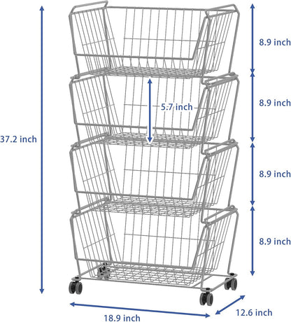 PUSDON 6-Tier Tall Stackable Wire Storage Baskets with Wheels, Vertical Metal Rolling Utility Cart, High Capacity Produce Basket for Kitchen Pantry, Snack Organizer, Matte Black