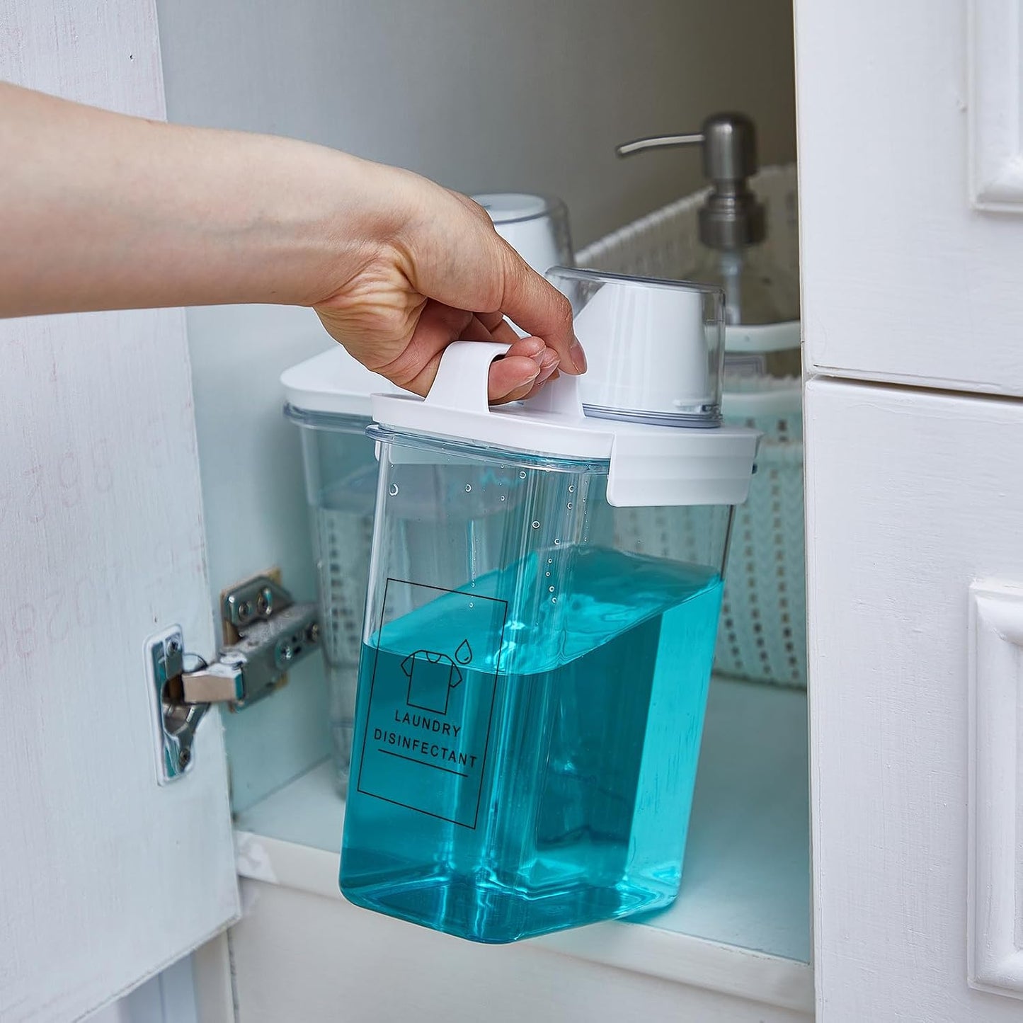 Tatuo 3 Pack Laundry Detergent Dispenser 37 oz Clear Liquid Container with 6 Removable Labels, Fabric Softener Pet Plastic Detergent Dispenser for Laundry Room Organization and Storage