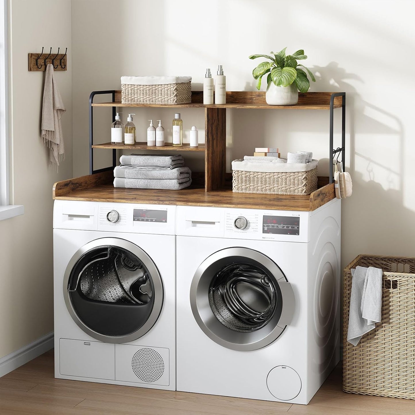 HavenlyYouth Washer and Dryer Countertop with Shelves, 54" x 27.56" 3 Tiers Large Laundry Topper with 2.95" Edge Rails, Laundry Room Storage and Organization with 2 Hooks and Non-Slip Pads