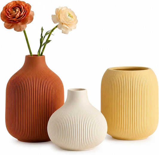 Ceramic Vase Set for Decor, Small Bud Vases, Pastel Decorative Vases for Table, Shelf, Living Room, Kitchen, Nursery, Dorm, (White)