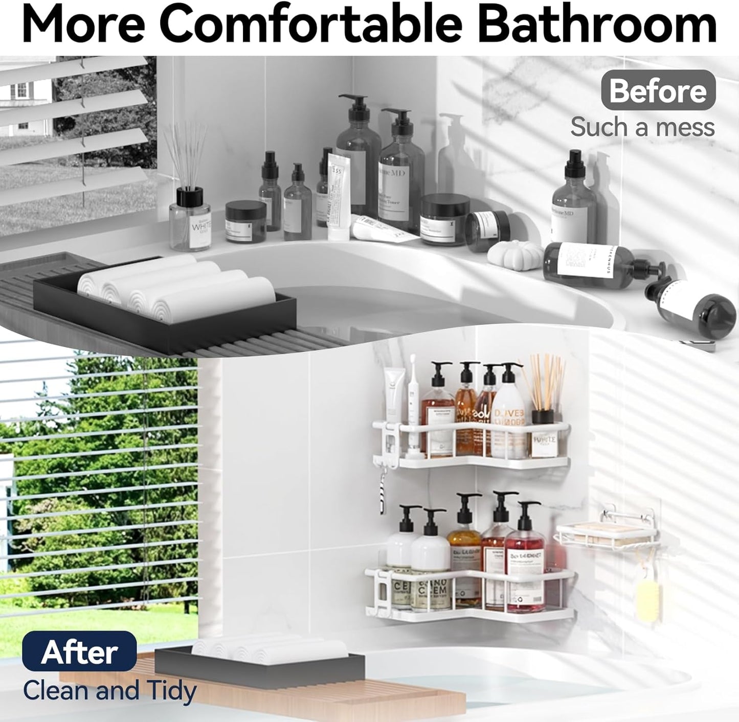 YASONIC Corner Shower Caddy, 5-Pack Adhesive Rustproof Stainless Steel Shower Organizer with Soap Holder, No Drilling Shower Shelf for Inside Shower, Dorm, Renters, Black
