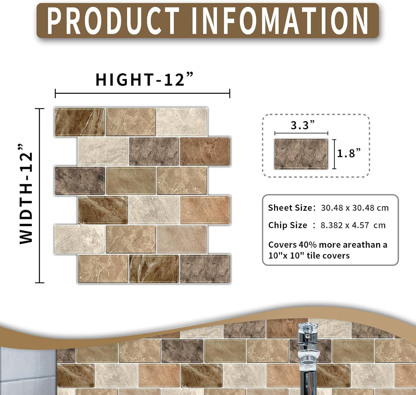 10 Sheets Peel and Stick Backsplash for Kitchen 12"X12" Renter Friendly Backsplash Back Splash Adhesive Subway Wall Tile Flat Vinyl Sticker for Bathroom Brown Marble (Not 3D Tile)