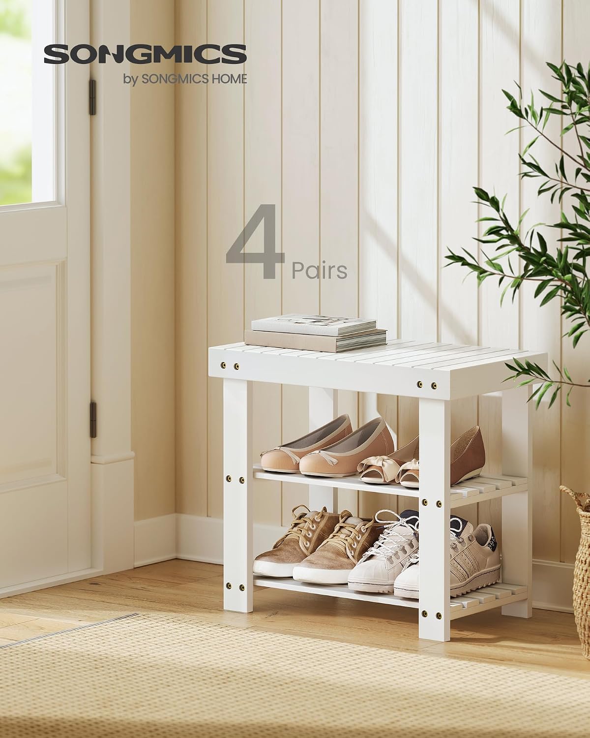 SONGMICS Shoe Rack Bench, 3-Tier Bamboo Shoe Storage Organizer, Entryway Bench, Holds Up to 286 lb, 11.3 x 27.6 x 17.8 Inches, for Entryway Bathroom Bedroom, Ink Black ULBS04H