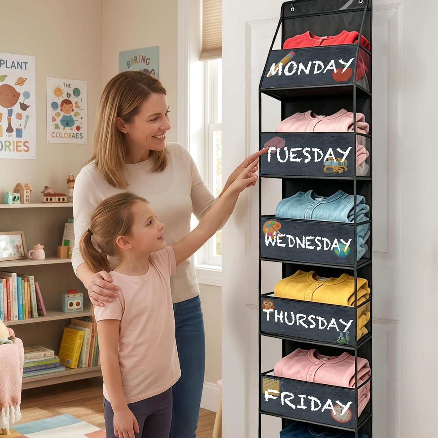 2 Pack Weekly Clothes Organizer for Kids, 6 Shelf Hanging Closet Organizer with Clear Window, Foldable Days of the Week Over the Door Outfit Organizer with Labels for Closet School