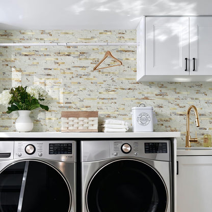 STICKGOO 20 Sheets Peel and Stick Backsplash Tile, Stick on Backsplash for Kitchen and Bathroom, White Sandstone Look PVC Mixed Metal Gold Self Adhesive Wall Tiles