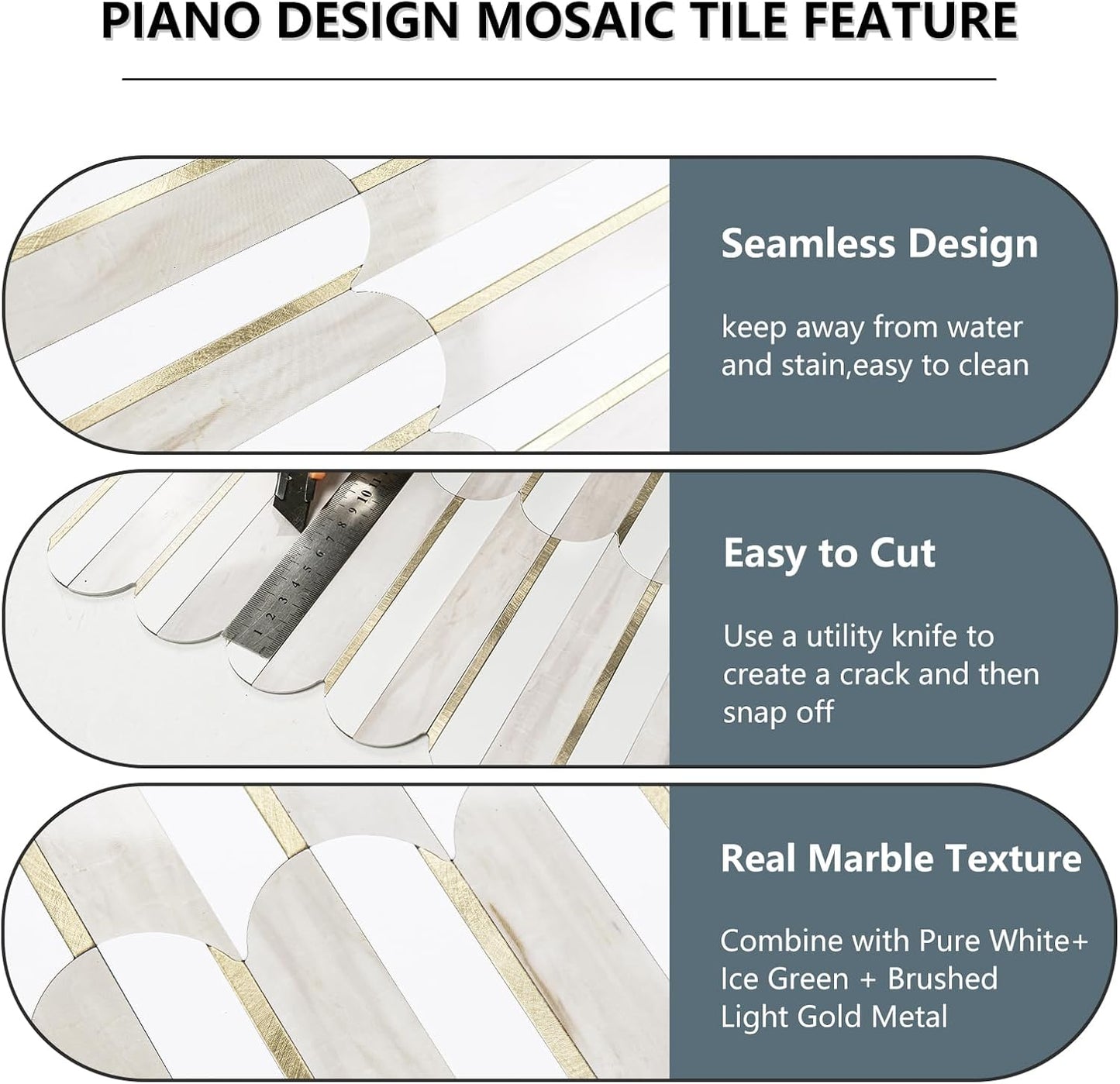 Vamos Peel and Stick Backsplash Seamless Tile for Kitchen and Bathroom,White and Beige Slate PVC Mixed Light Gold Self Adhesive Fish Scale Metal Mosaic Tiles (10 Sheets)
