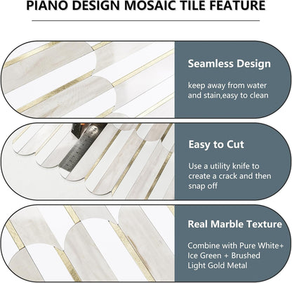 Vamos Peel and Stick Backsplash Seamless Tile for Kitchen and Bathroom,White and Beige Slate PVC Mixed Light Gold Self Adhesive Fish Scale Metal Mosaic Tiles (10 Sheets)