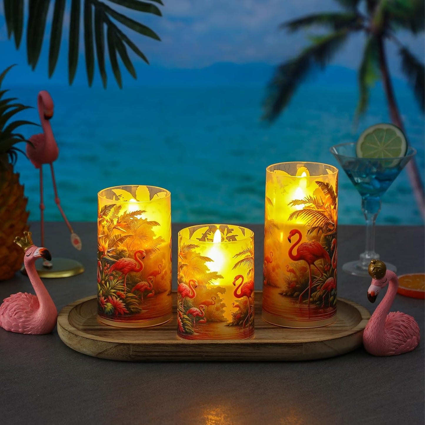 Tujoe 3 Pcs Summer Ocean Flameless Candles Teal Beach LED Battery Pillar Candles Set Battery Operated Coastal Nautical Decorations Flickering Gifts with Remote Decorations for Holiday