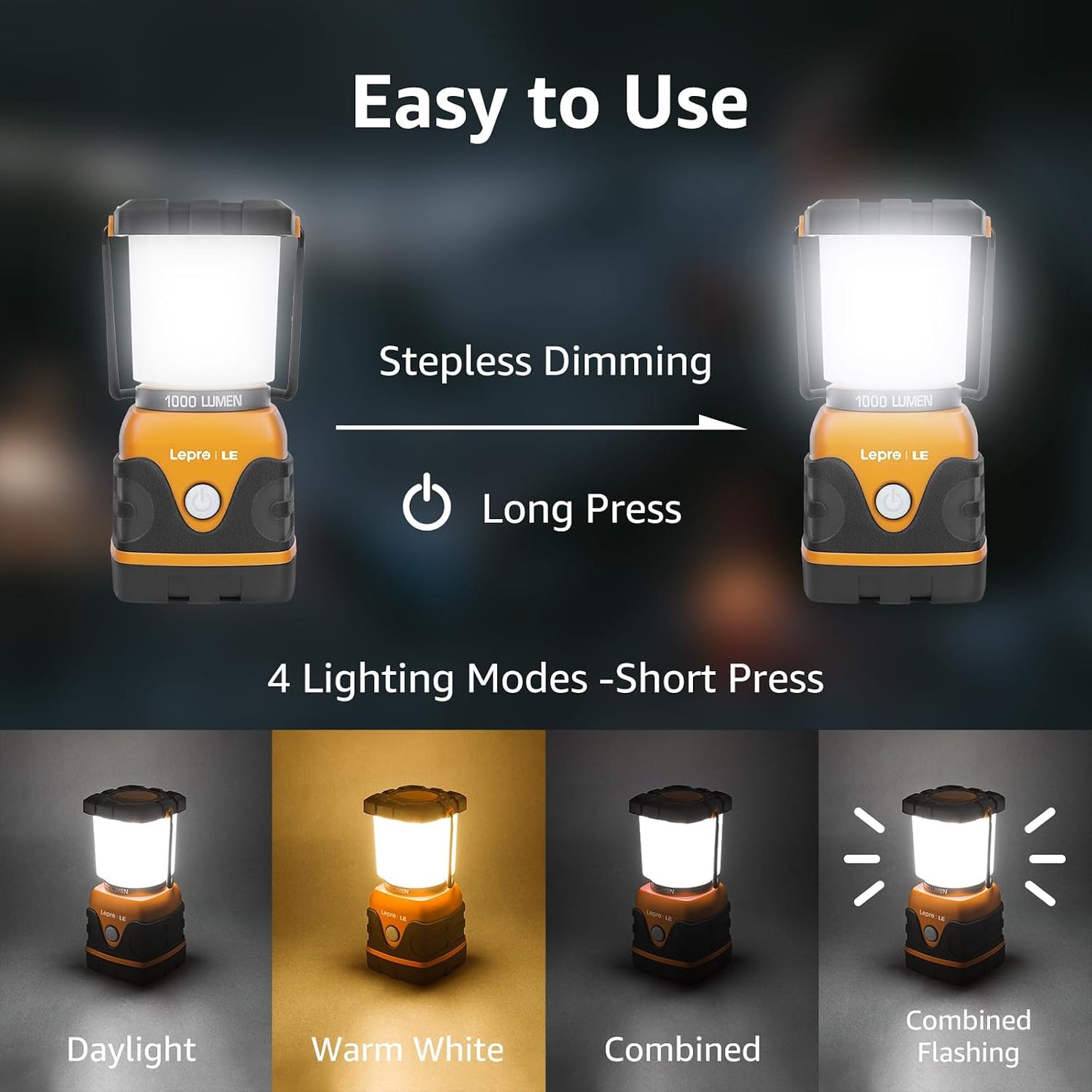 Lepro 1500LM Battery Powered LED Camping Lantern, Green Tent Light with 4 Light Modes, Camping Essentials, Waterproof Lantern Flashlight for Camping, Emergency Light, Power Outages, Not Rechargeable