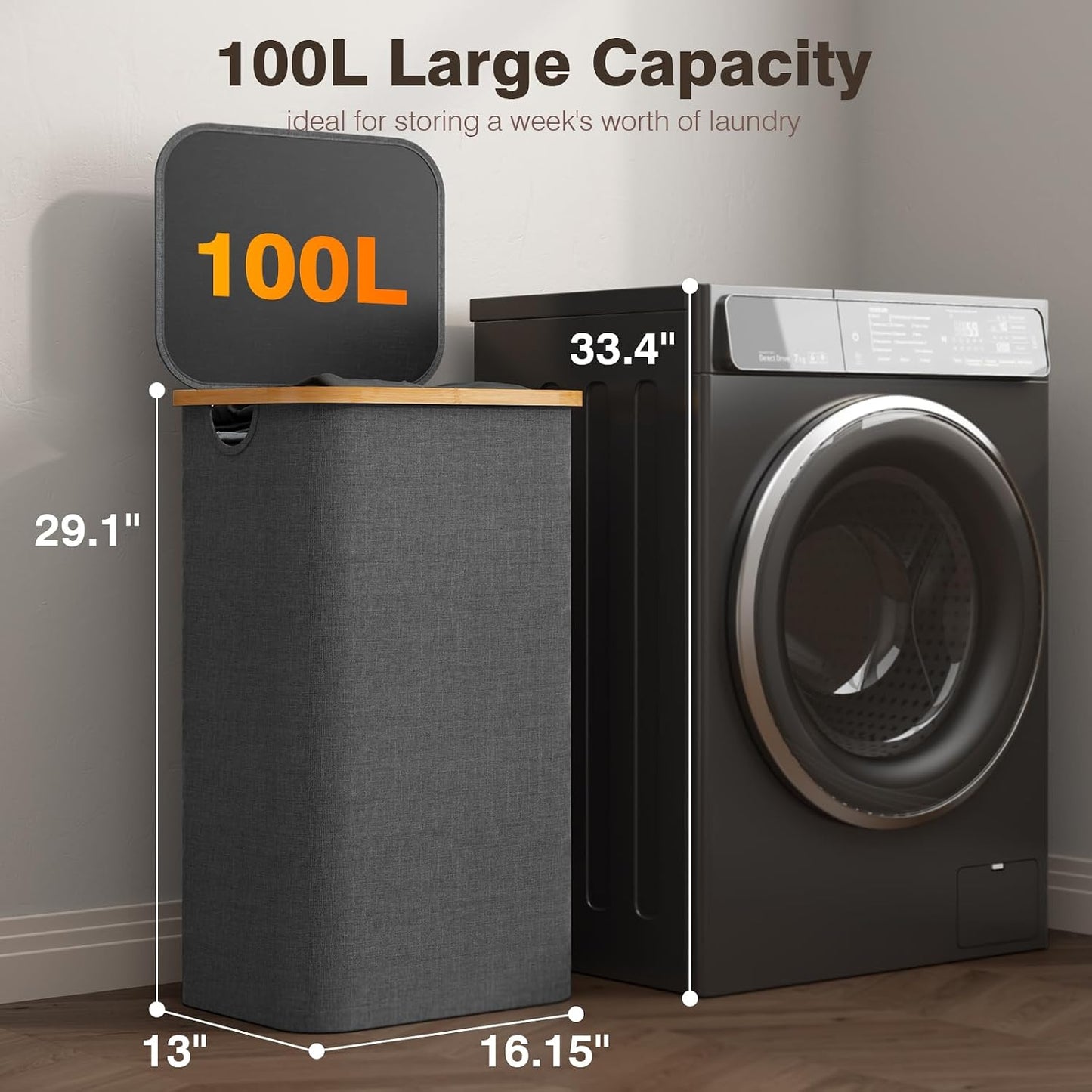 160L Laundry Hamper with Lid, 3 Section Laundry Basket with 3 Removable Bag | Clothes Hampers for Laundry with Bamboo Frame Handle, Large Dirty Clothes Hamper for Laundry Room, Bathroom, Bedroom, Black