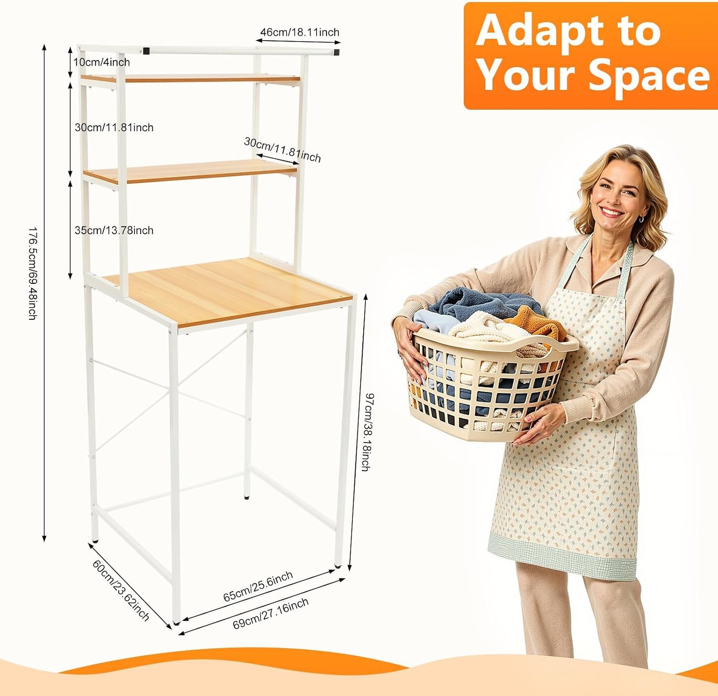 Over Washer and Dryer Shelves, 3 Tier Laundry Room Shelves with Hanger Rod Adjustable Height Over the Washer and Dryer Storage Shelf Laundry Room Shelf Storage Space Saver (White)