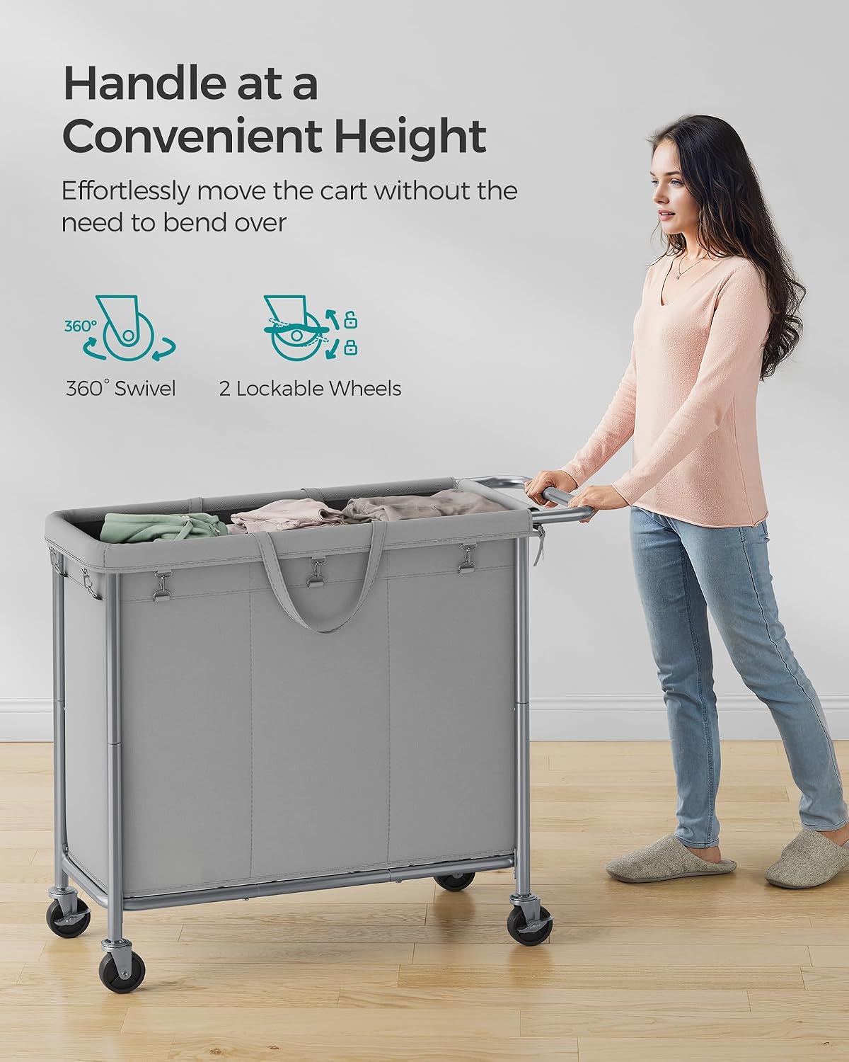 SONGMICS Laundry Basket with Wheels, 3-Section Rolling Laundry Hamper, 52.8 Gallons (200 L), Removable Liner, Steel Frame with Handle, 35.8 x 15.4 x 31.9 Inches, Cream White URLS005W01